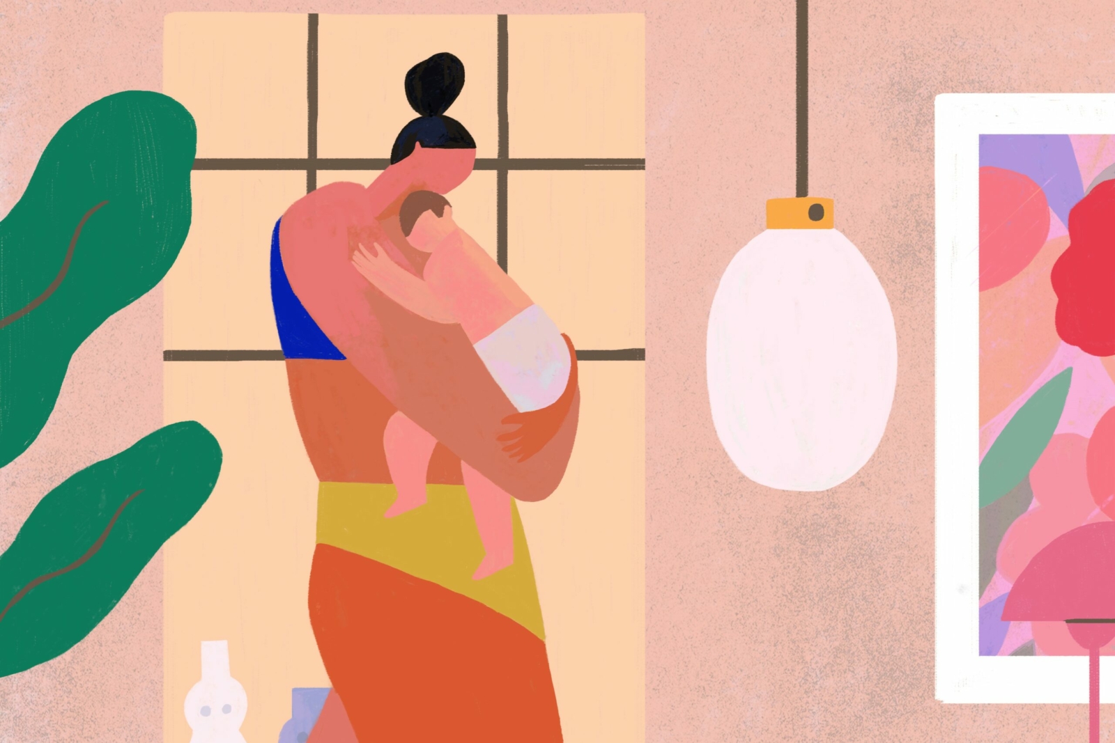 Illustration of woman holding newborn