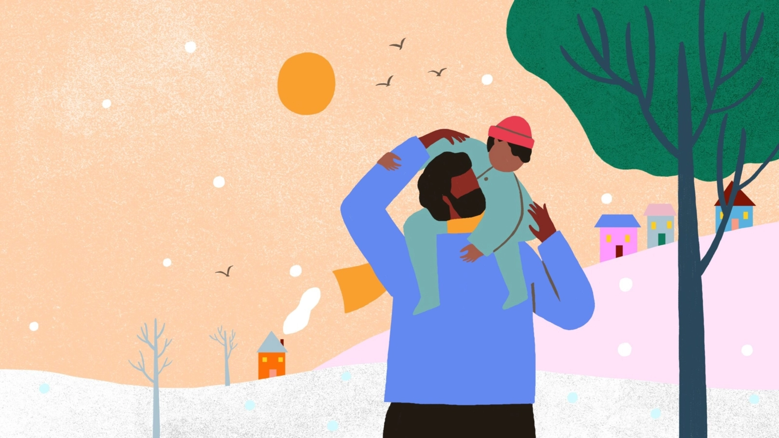 Illustration of boy riding on shoulders of man