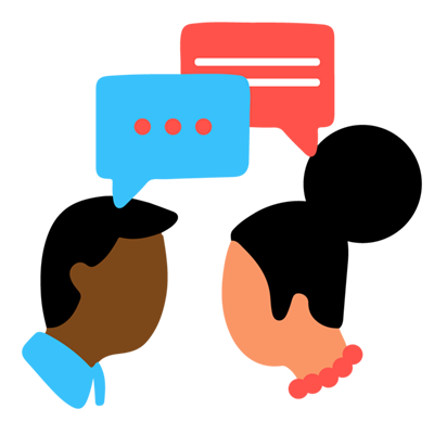 Illustration of two heads, a man and a woman, facing each other with speech bubbles above them