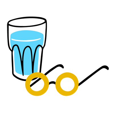 Illustration of a glass of water sitting next to eyeglasses