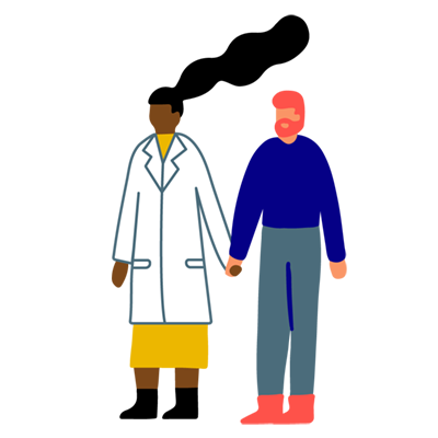 Illustration of a woman dressed in a lab coat, holding hands with a man in casual clothes
