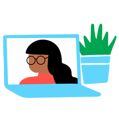 Illustration of a laptop with a woman's face on the screen and a plant next to the laptop