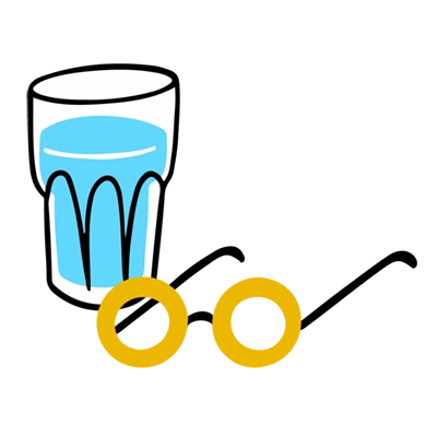 Illustration of a glass of water sitting next to eyeglasses