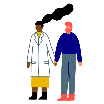 Illustration of a woman dressed in a lab coat, holding hands with a man in casual clothes