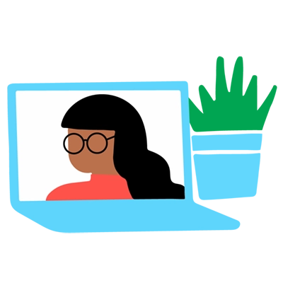 Illustration of a laptop with a woman's face on the screen and a plant next to the laptop