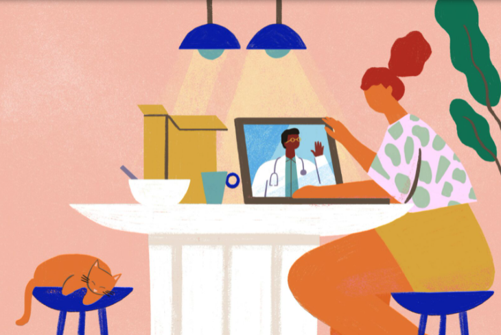 illustration of person on tablet talking with doctor