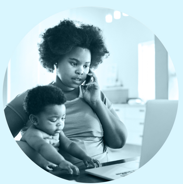 Woman with toddler on phone.