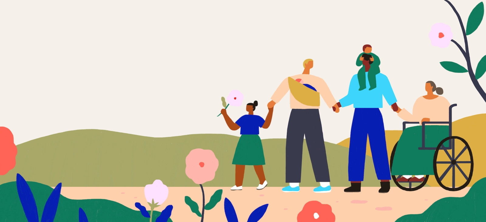 illustration of family walking and holding hands with grandmother in wheelchair