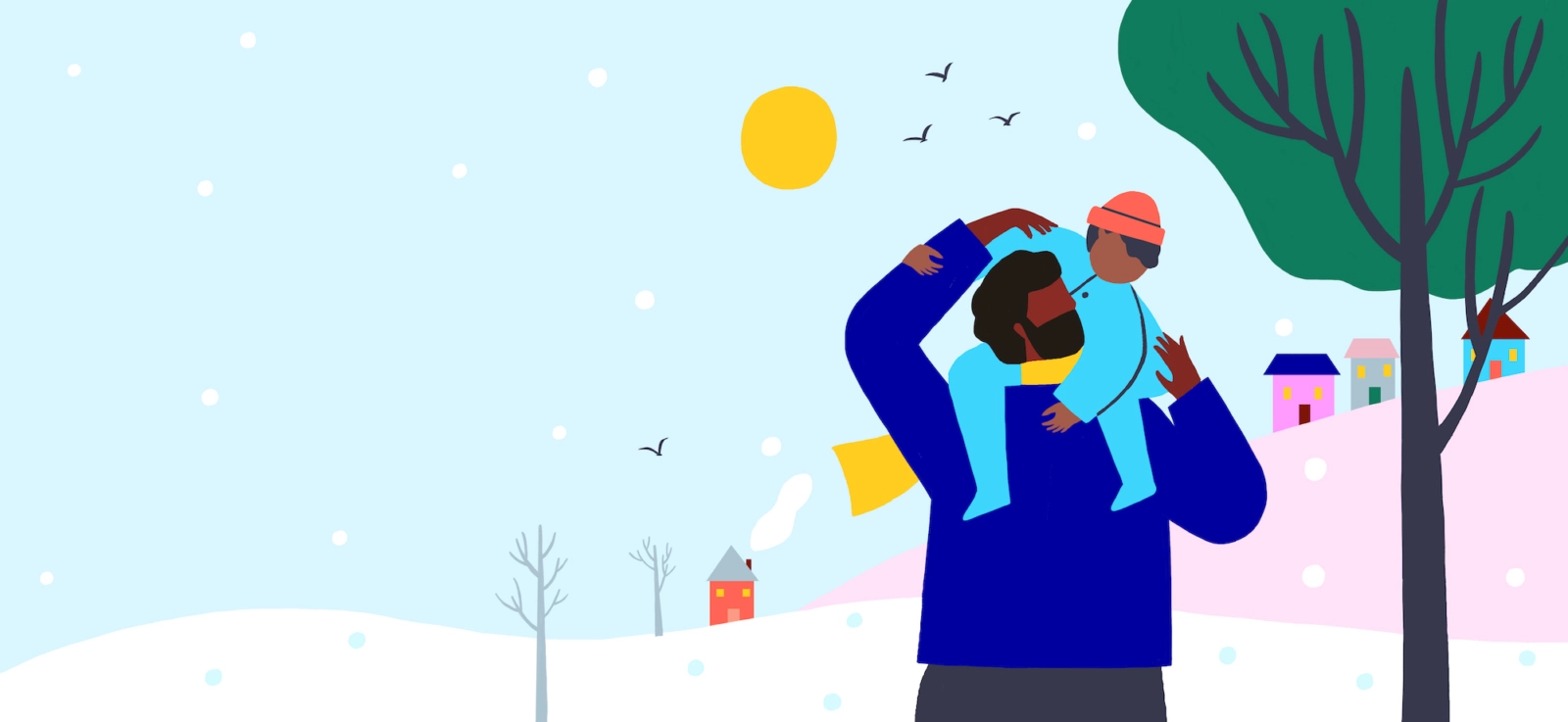 Illustration of father holding son on shoulders outside on snowy day