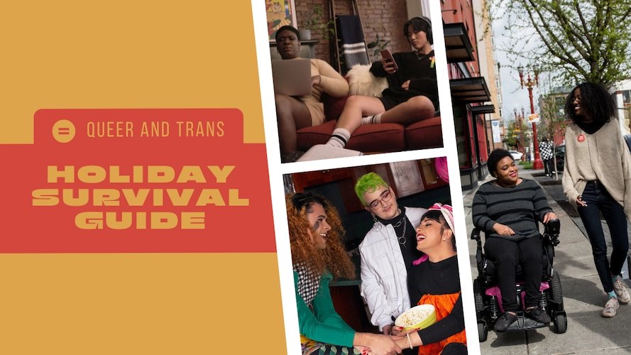 Queer and Trans Holiday Survival Guide blog header with 3 images of groups of friends hanging out.