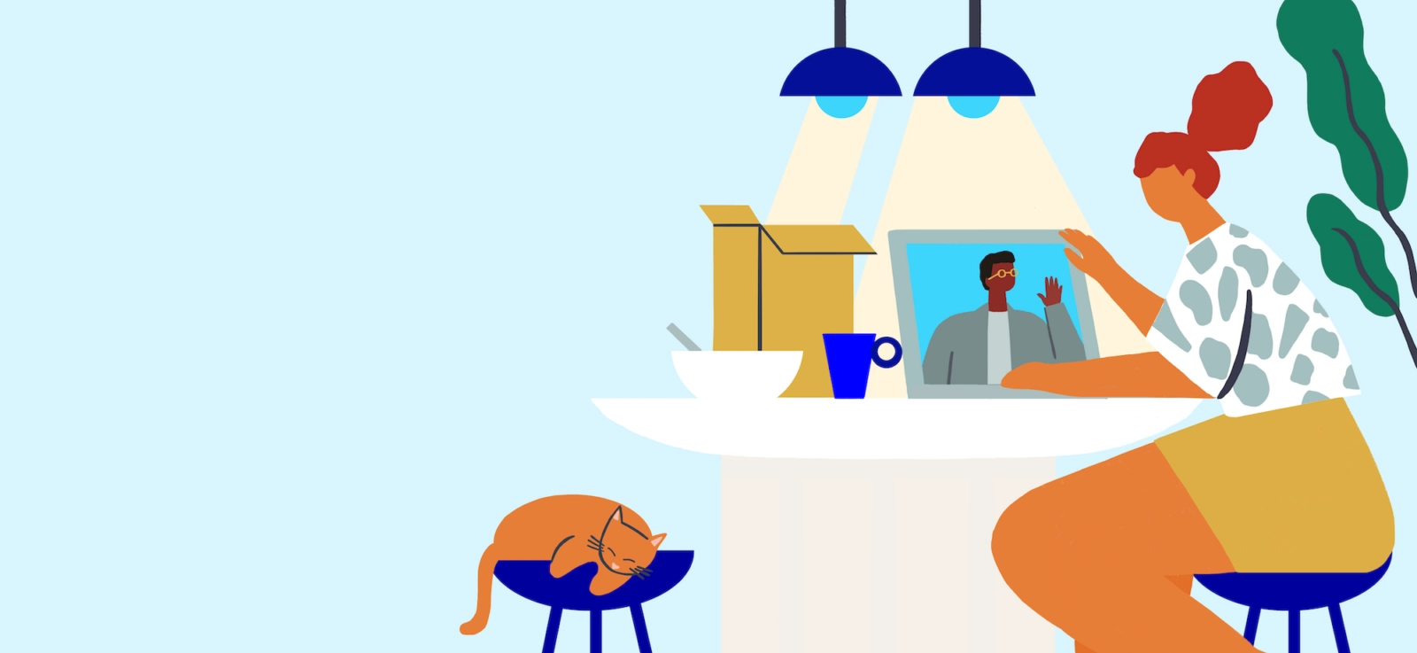 illustration of women sitting at desk talking to someone on her on computer with cat next to her