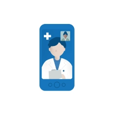 Illustration of smartphone displaying a video conversation with doctor