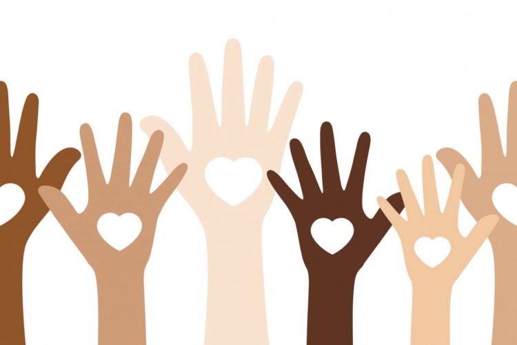 illustration of 6 hands all different colors with hearts in them