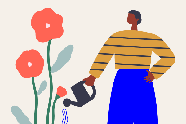 illustration of woman watering large flowers