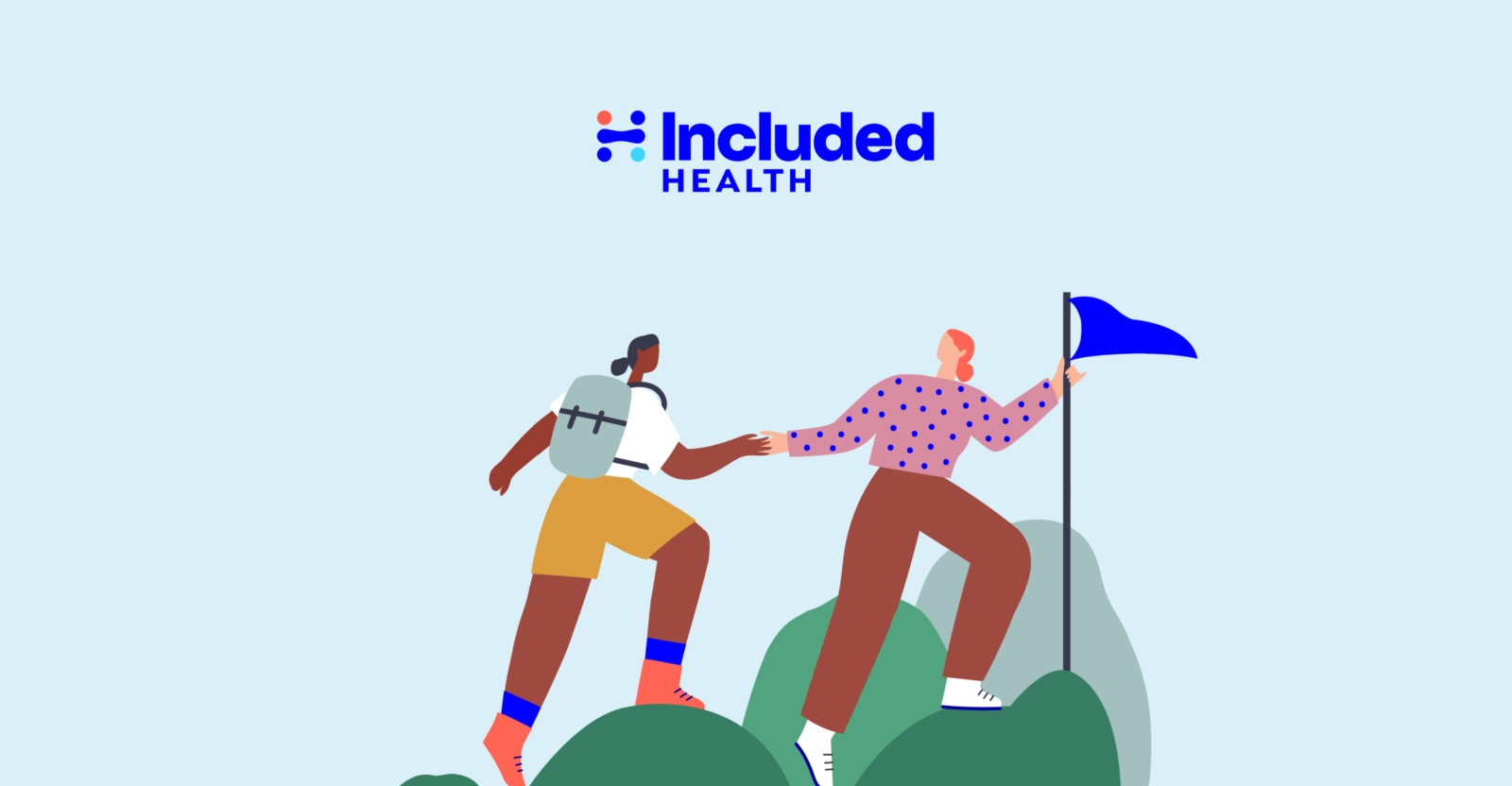 illustration of 2 people hiking up the hill with a flag