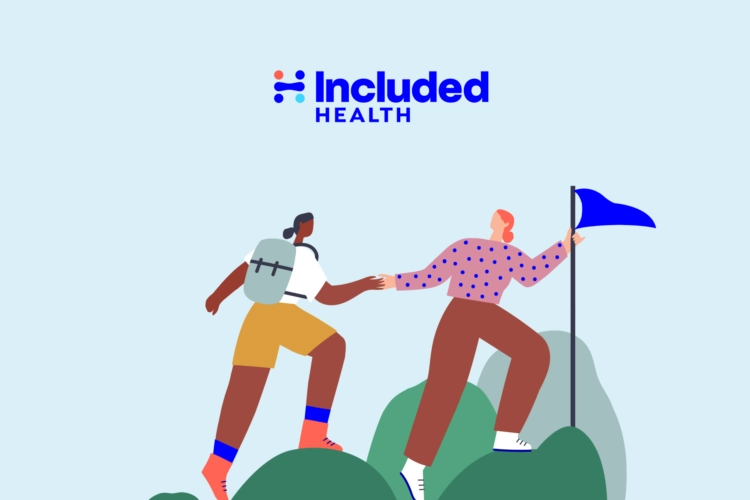illustration of 2 people hiking up the hill with a flag