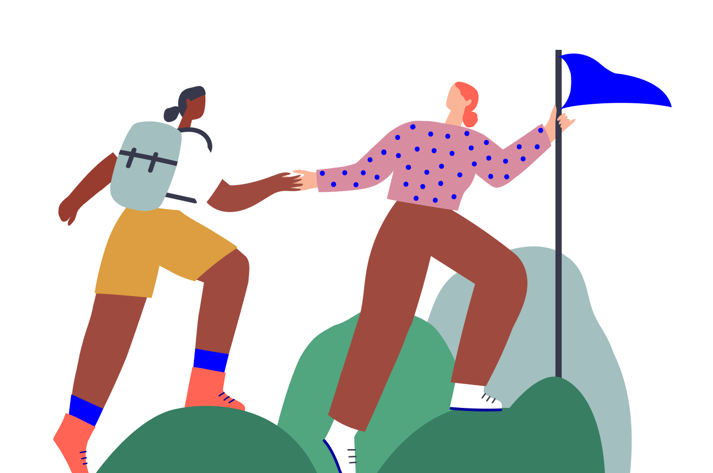 illustration of 2 people climbing rocks with a flag
