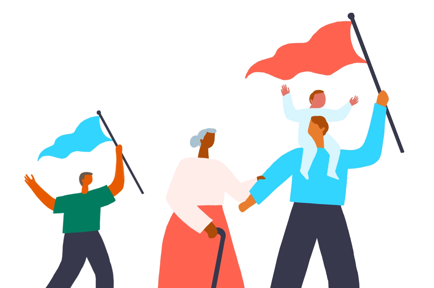 illustration of family celebrating and holding flags