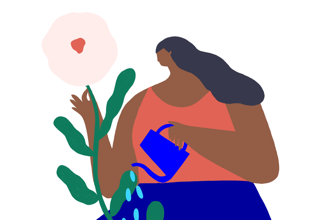 illustration of woman watering a big flower