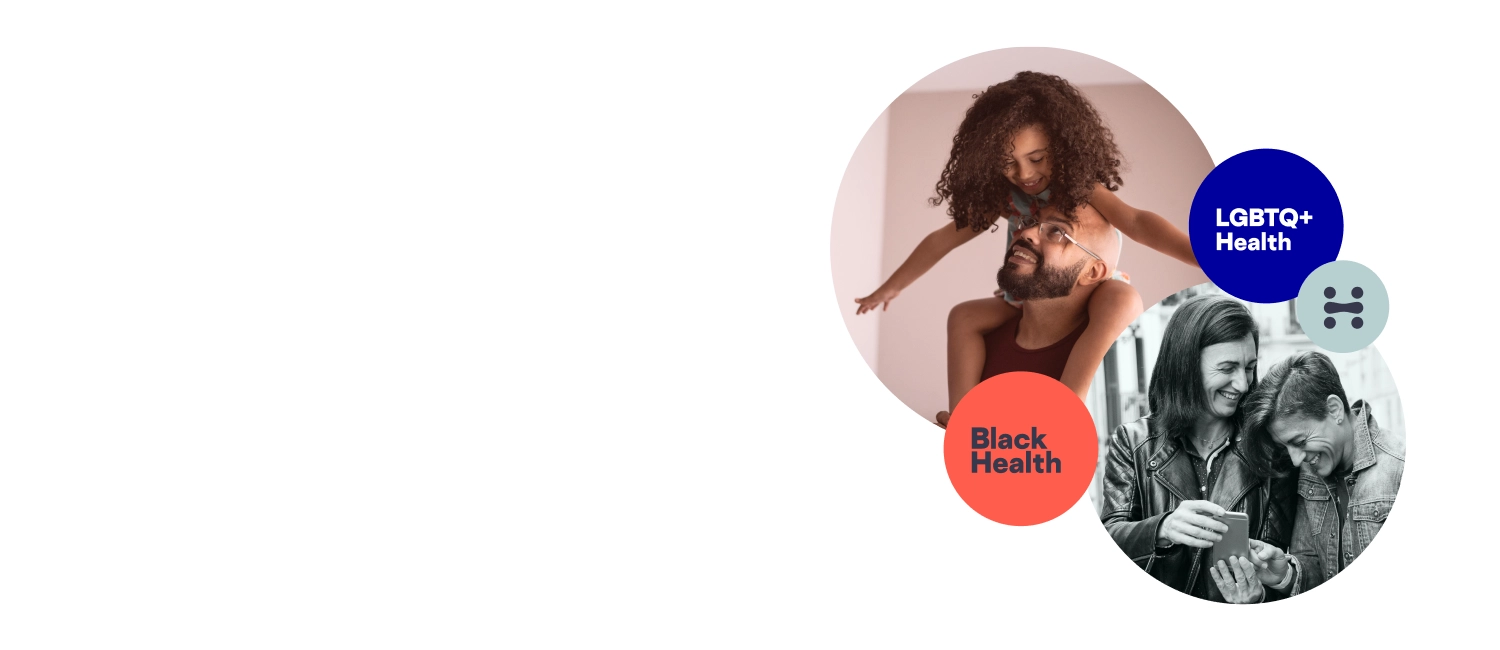 dad and daughter laughing in one circle, two lgbtq+ women laughing in another circle