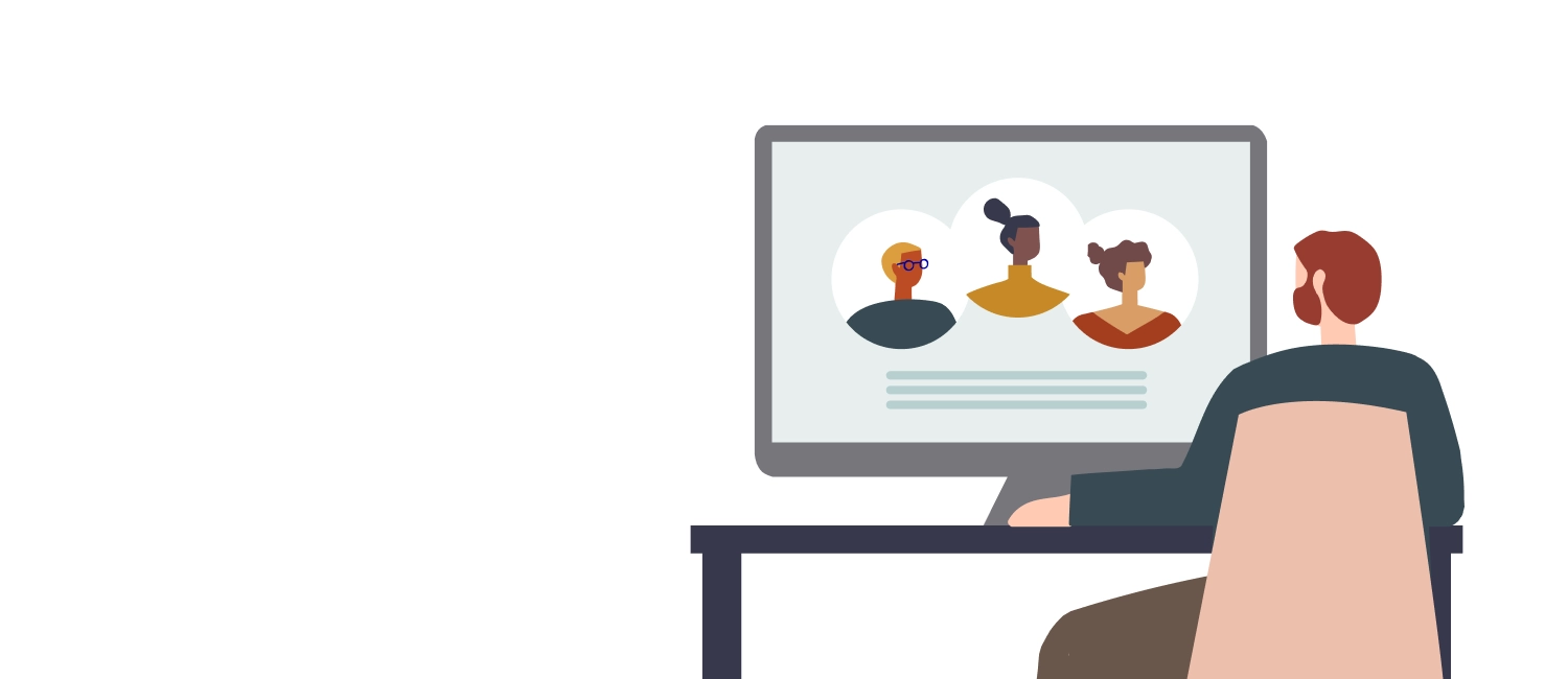 illustration of man using computer to talk to 3 people