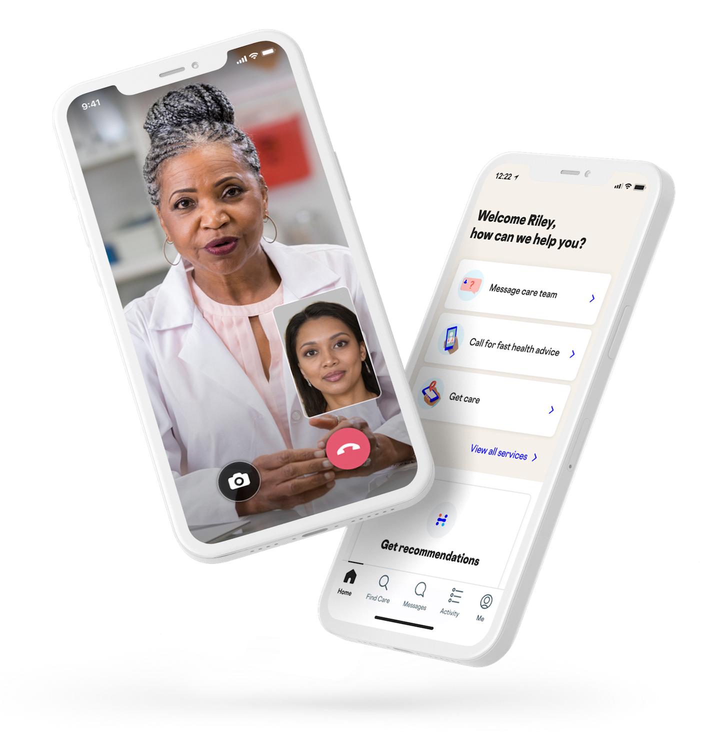 mobile phone with virtual doctor and mobile phone with Included Health navigation welcome screen