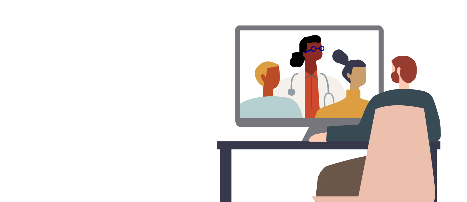 Man at desk on a video call with healthcare specialists