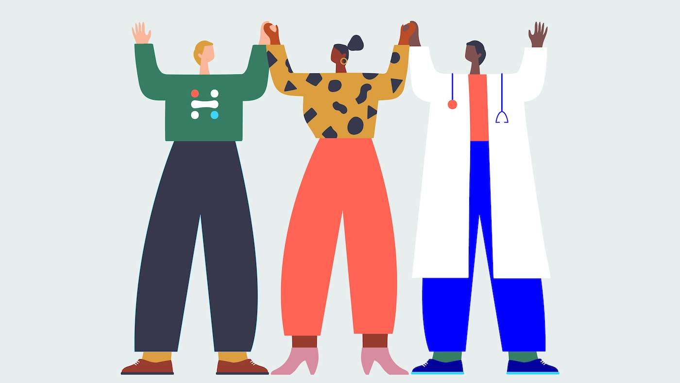 illustration of a doctor and 2 other people raising their arms in the air