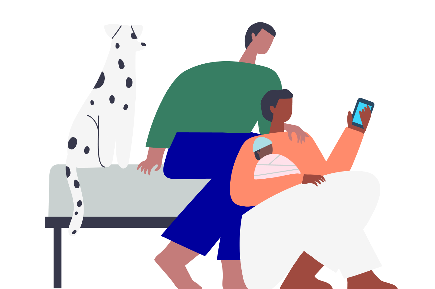 illustration of couple holding a baby and phone, sitting with their dog.