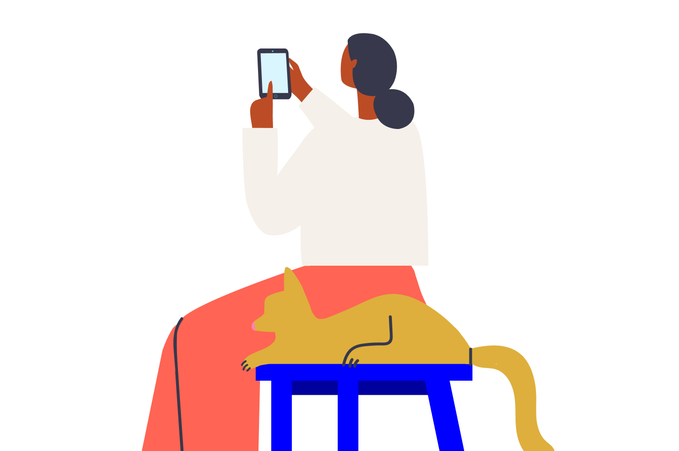 illustration of a woman sitting with her cat using her mobile phone