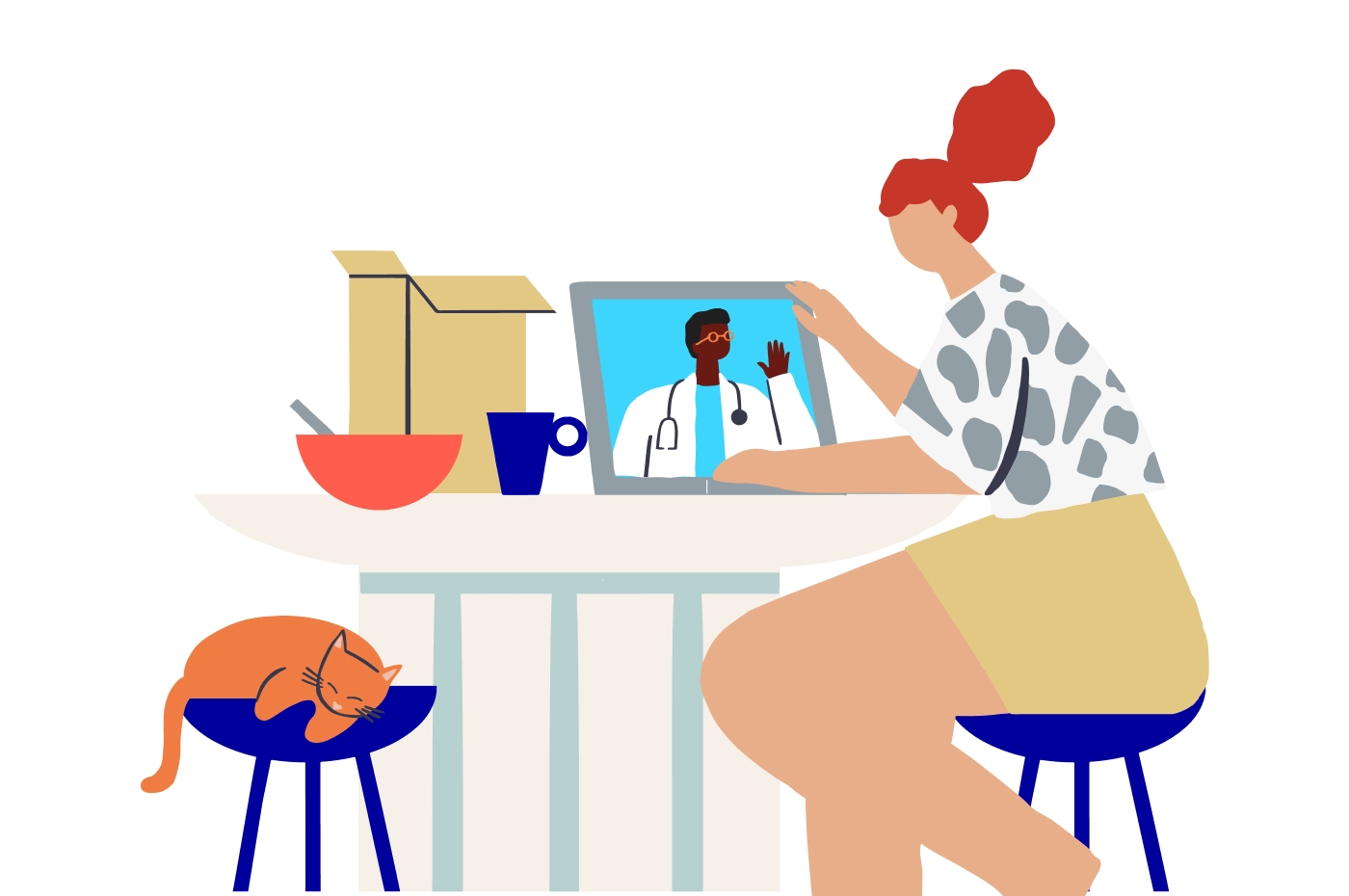 illustration of a woman sitting at her breakfast table using her laptop for a telehealth doctor visit.