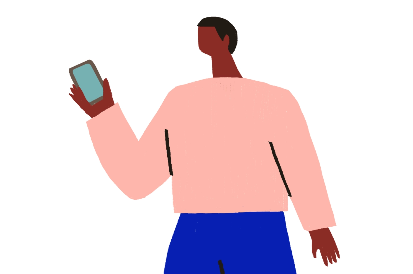 illustration of person with short hair holding their mobile phone
