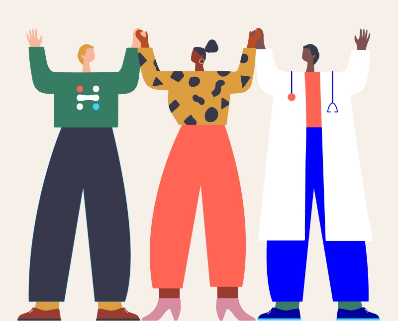 illustration of a doctor and 2 other people raising their arms in the air