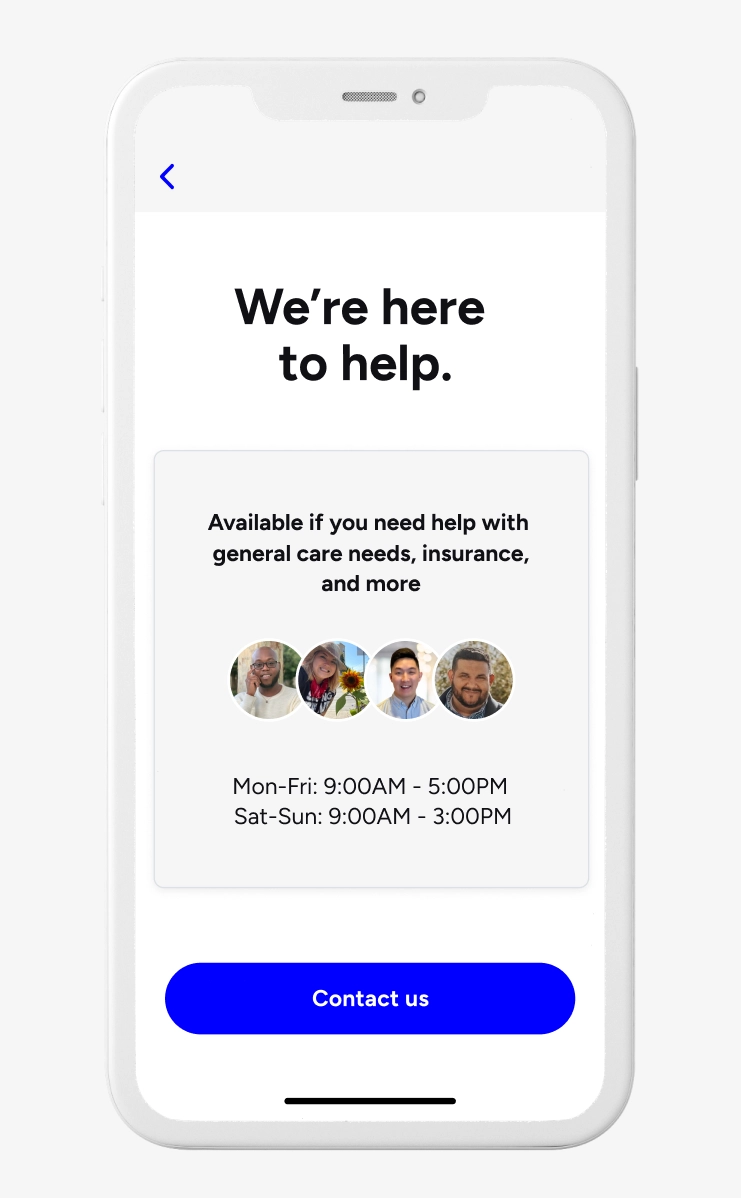 A phone screen shows the times and days the Care Team is available to help, as well as the types of support available