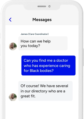Care coordinator message for Black Health member on the Included Health app