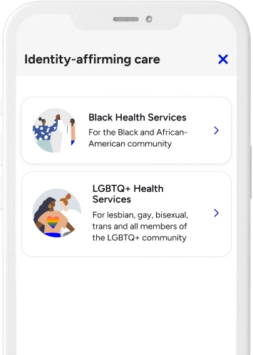 LGBTQ+ Health affirming care screen on Included Health app