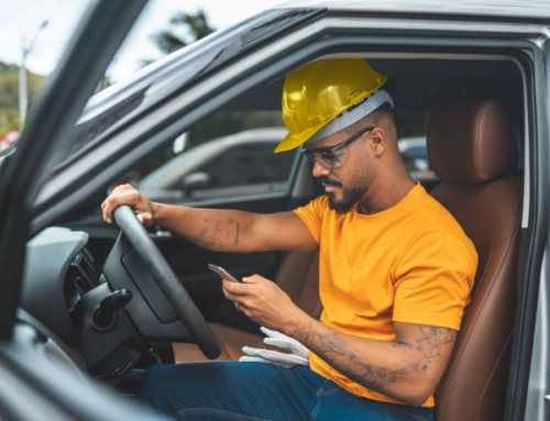 Construction worker in hard hat taking break in car to talk to doctor on mobile phone.