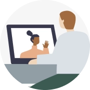 illustration of man sitting at desktop computer taking a virtual visit.