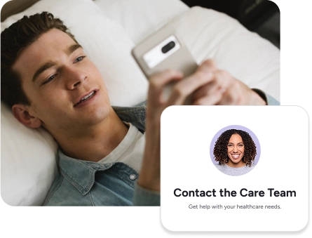 Young man in bed using phone for his virtual therapy session.