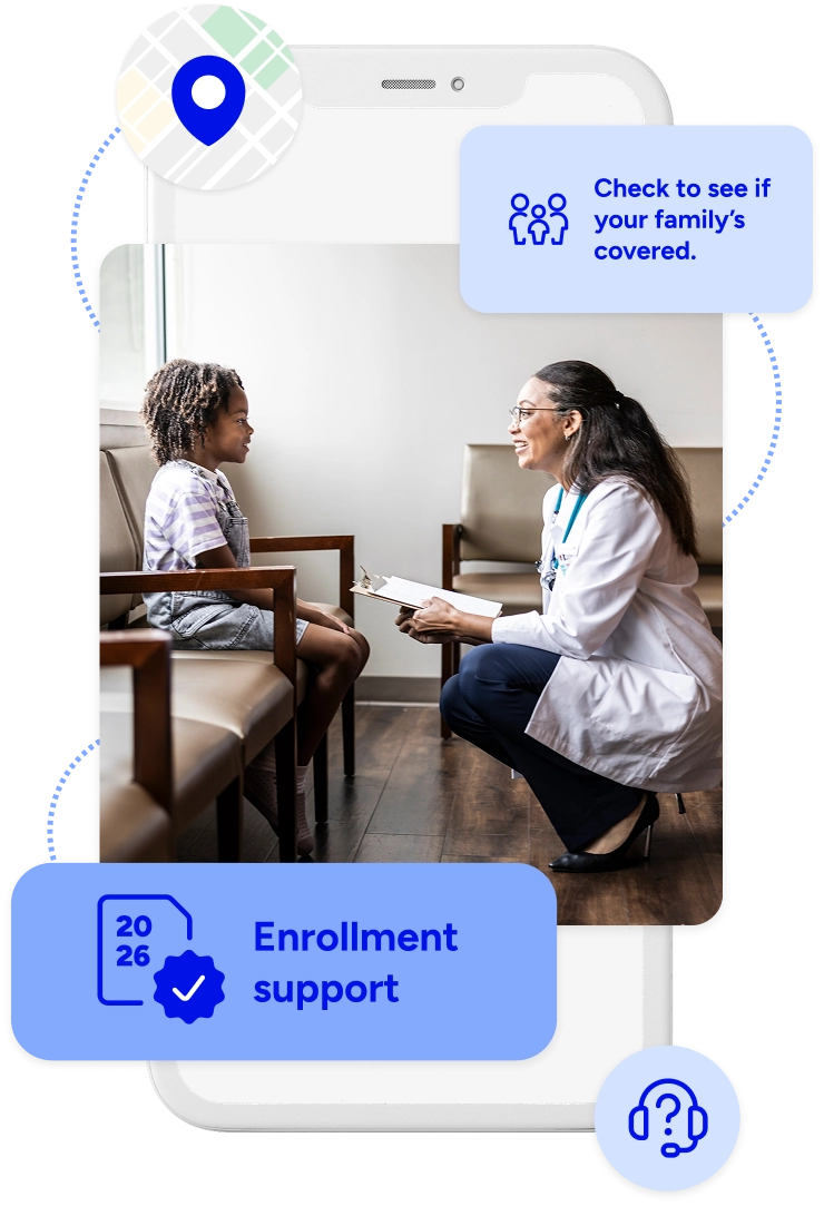 Mobile phone with icons and badges describing included health service on top of an image of a child and pediatrician.