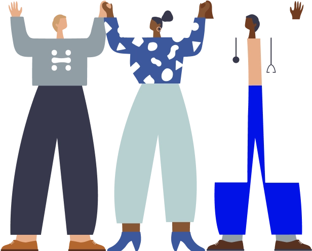 An illustration of three people standing together holding hands. The person on the left is a man with blonde hair wearing a gray sweater. The person in the middle is a Black woman with braids wearing a blue and white patterned sweater and light blue pants. The person on the right is a Black man in a white lab coat with a stethoscope around his neck, indicating a medical professional.