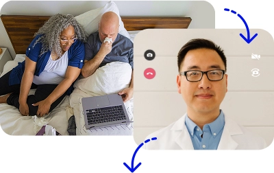 sick couple sitting in bed using Included Health doctor for cold and flu treatment.