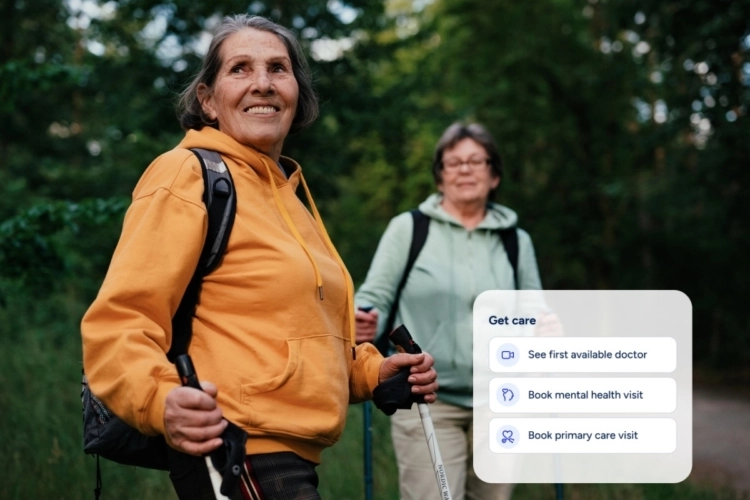 woman hiking with Included Health app options to see a doctor overlayed on image