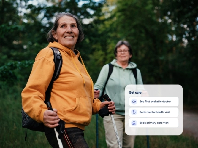 woman hiking with Included Health app options to see a doctor overlayed on image
