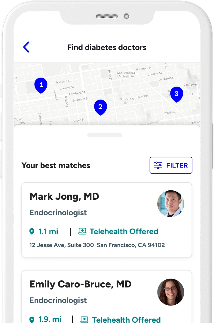 A mobile app screen displaying a map of a city with three locations marked. The screen is titled "Find diabetes doctors" and lists the profiles of two endocrinologists, "Mark Jong, MD" and "Emily Caro-Bruce, MD," showing their distance and contact information.