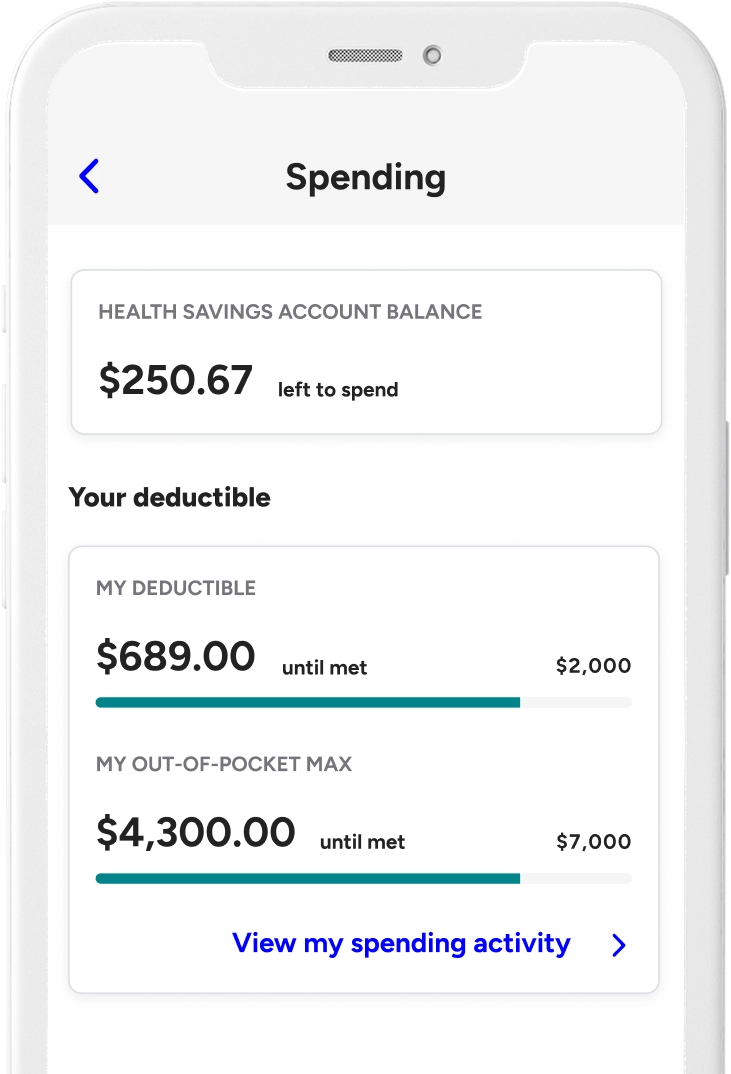 A mobile app screen titled "Spending." The screen shows two progress bars to track financial goals: one for the "Health Savings Account Balance" with a remaining balance of $250.67 and another for "Your deductible," which shows that $689 has been spent toward a $2,000 goal.