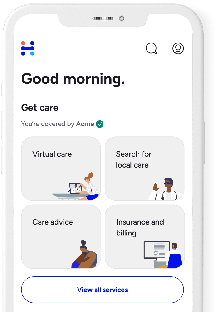 A mobile app screen on a smartphone displaying the main dashboard. The screen reads "Good morning. Get care," and shows four options: "Virtual care," "Search for local care," "Care advice," and "Insurance and billing."