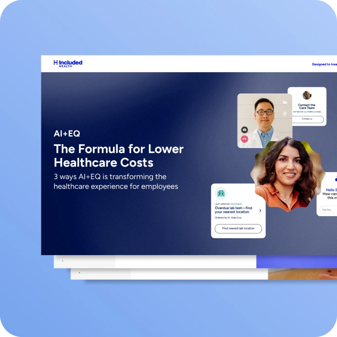 Screenshots of website. Title: AI+EQ. The formula for Lower Healthcare Cost. 2 ways AI+EQ is transforming the healthcare experience for employees