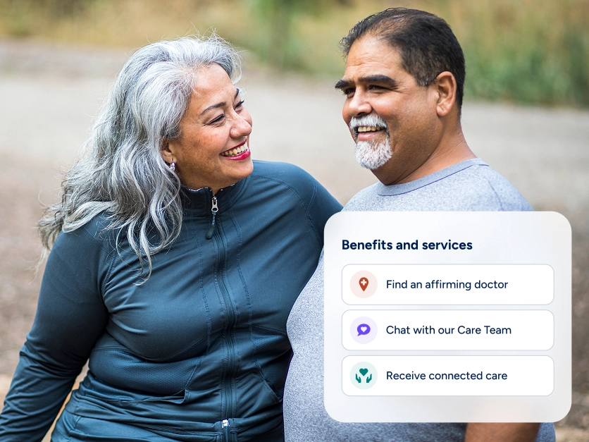 Middle aged couple outside talking a walk next to a UI element with benefit services listed.