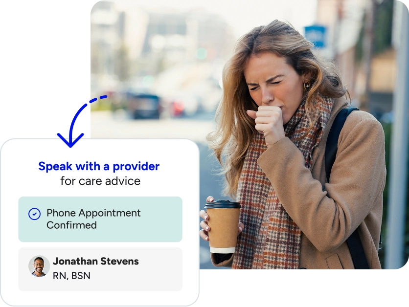 Woman coughing next to app pop out for Included Health